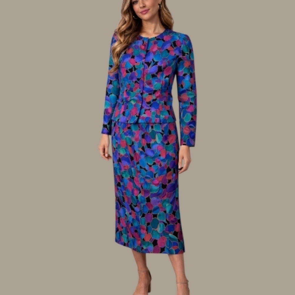 𝅺VTG ADRIANNA PAPELL 1980s Colorful Geometric Silk Slit Skirt Set Small